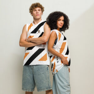 man and woman wearing white black bronze built with purpose basketball jersey front view