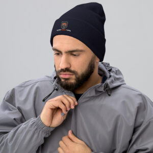 man wearing built with purpose gym beanie navy fitness hat athletic lifestyle