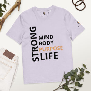 White Motivational Graphic T-Shirt with Black Strong Mind Body Purpose Life Lettering